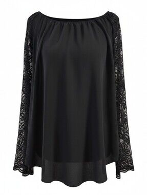 Poliana Plus Whimsy Goth Elegant Black Lace Sleeve Top 1X